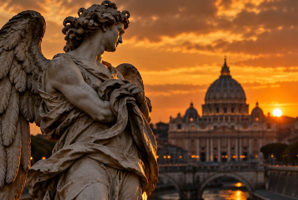 Un angelo del Bernini su Ponte Sant'Angelo al tramonto, con la cupola di San Pietro sullo sfondo.