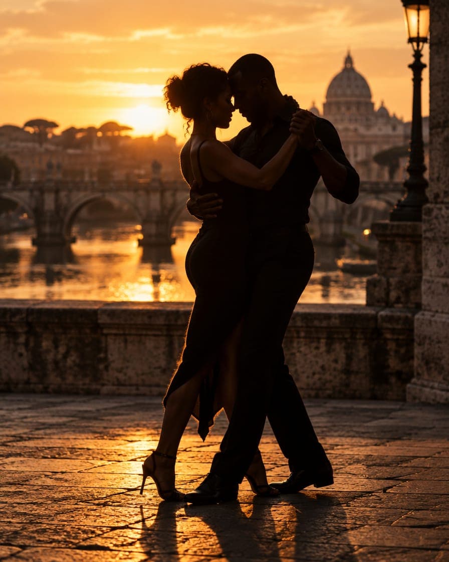Una coppia balla kizomba in abbraccio stretto, in controluce, sul lungotevere al tramonto.